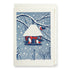 Greeting card with a winter scene featuring a snow-covered cabin and birds.