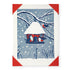 Card with a snowy scene featuring a birdhouse and birds, framed with red corners.