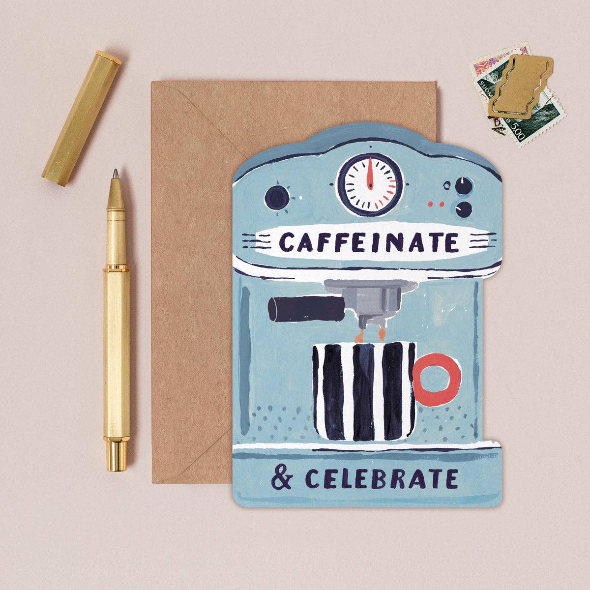 Card with a coffee machine illustration and text 'Caffeinate & Celebrate' on a beige background.
