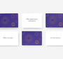 Set of four cards with purple and white design on a white background