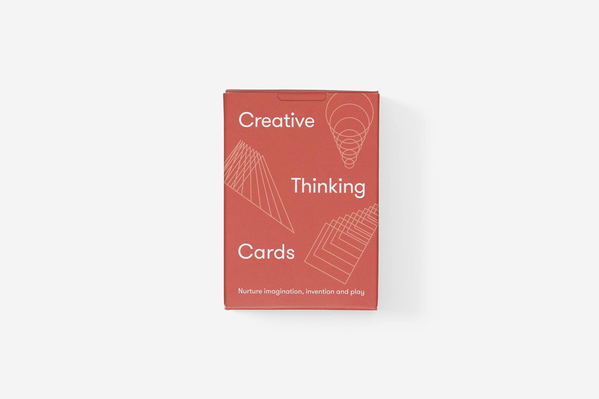 Red card deck packaging with 'Creative Thinking Cards' text on a white background