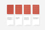 Four red card designs with geometric patterns on a white background