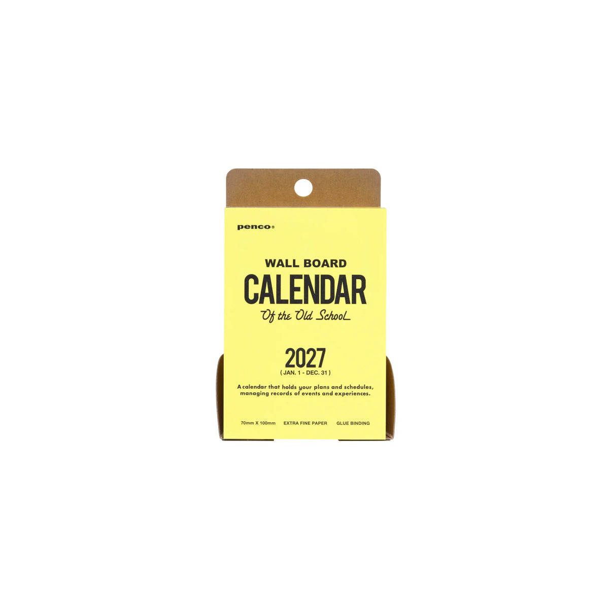 A yellow wall board calendar for 2027 by penco, presented in its brown cardboard packaging on a plain white background.