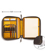 Open tool case with tools and a notebook, showing dimensions on a white background
