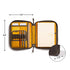 Open tool case with tools and a notebook, showing dimensions on a white background