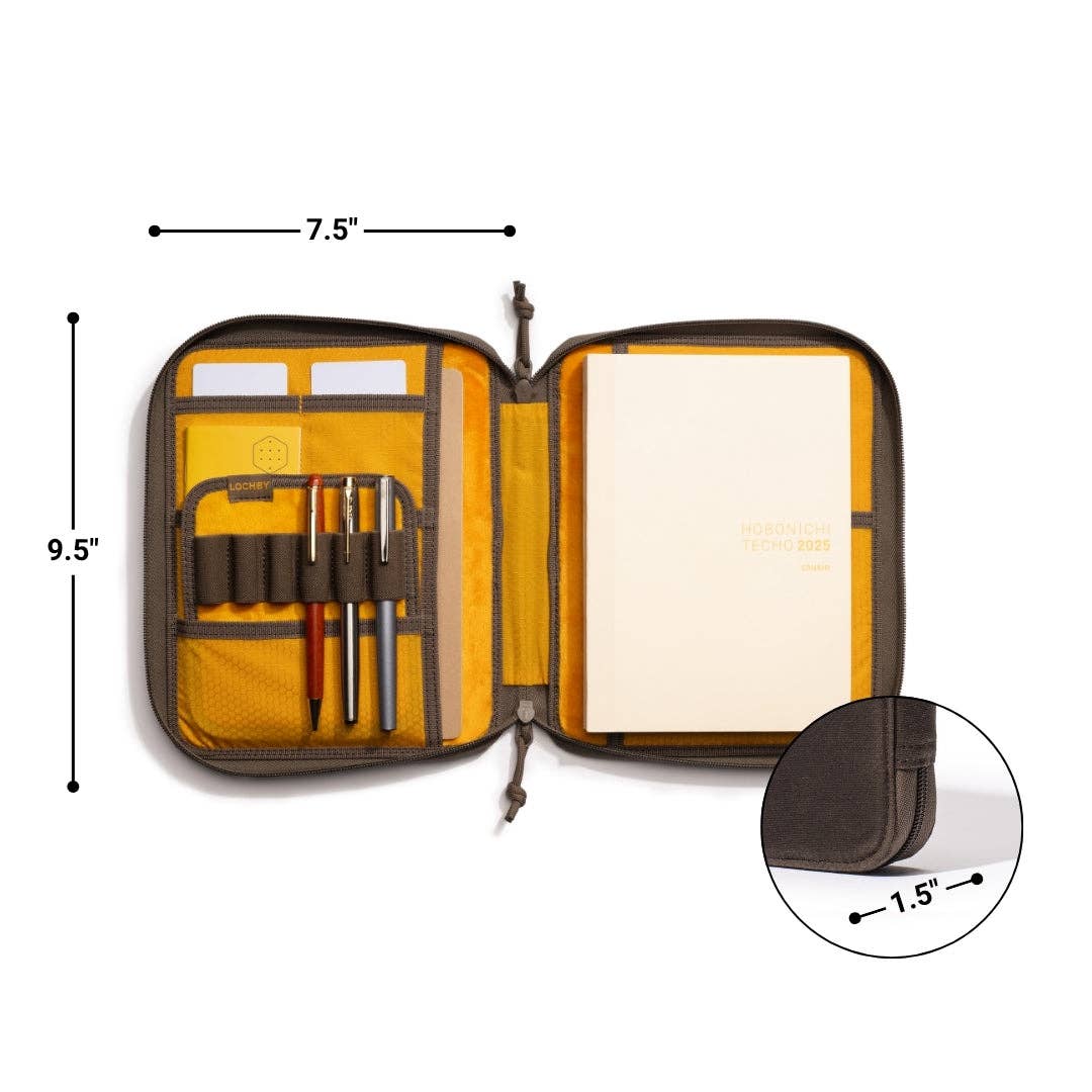 Open tool case with tools and a notebook, showing dimensions on a white background