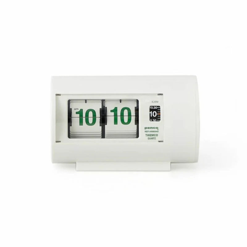 White flip clock with green numbers on a white background