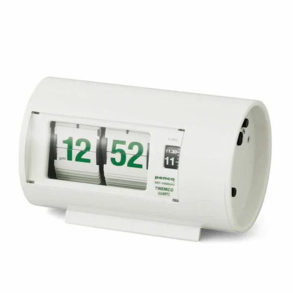 A white Peneq flip clock with a cylindrical body, showing green numbers '12' and '52' on the front flip-out windows.