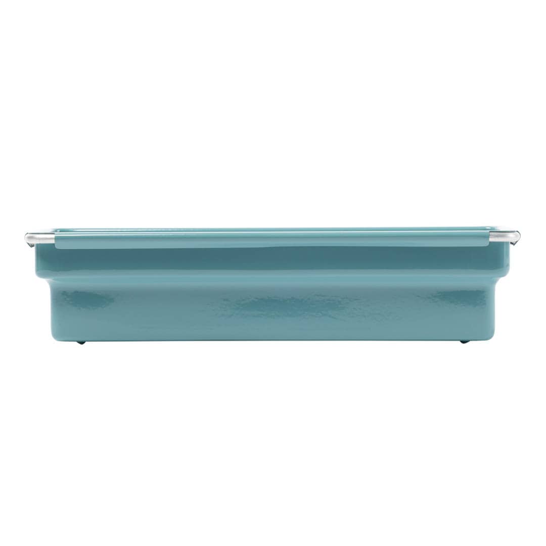 A rectangular teal blue metal container with a glossy finish and silver metal end caps, shown against a plain white background.
