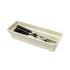 A rectangular cream-colored plastic drawer organizer tray containing silver and black utensils, shown on a plain white background.