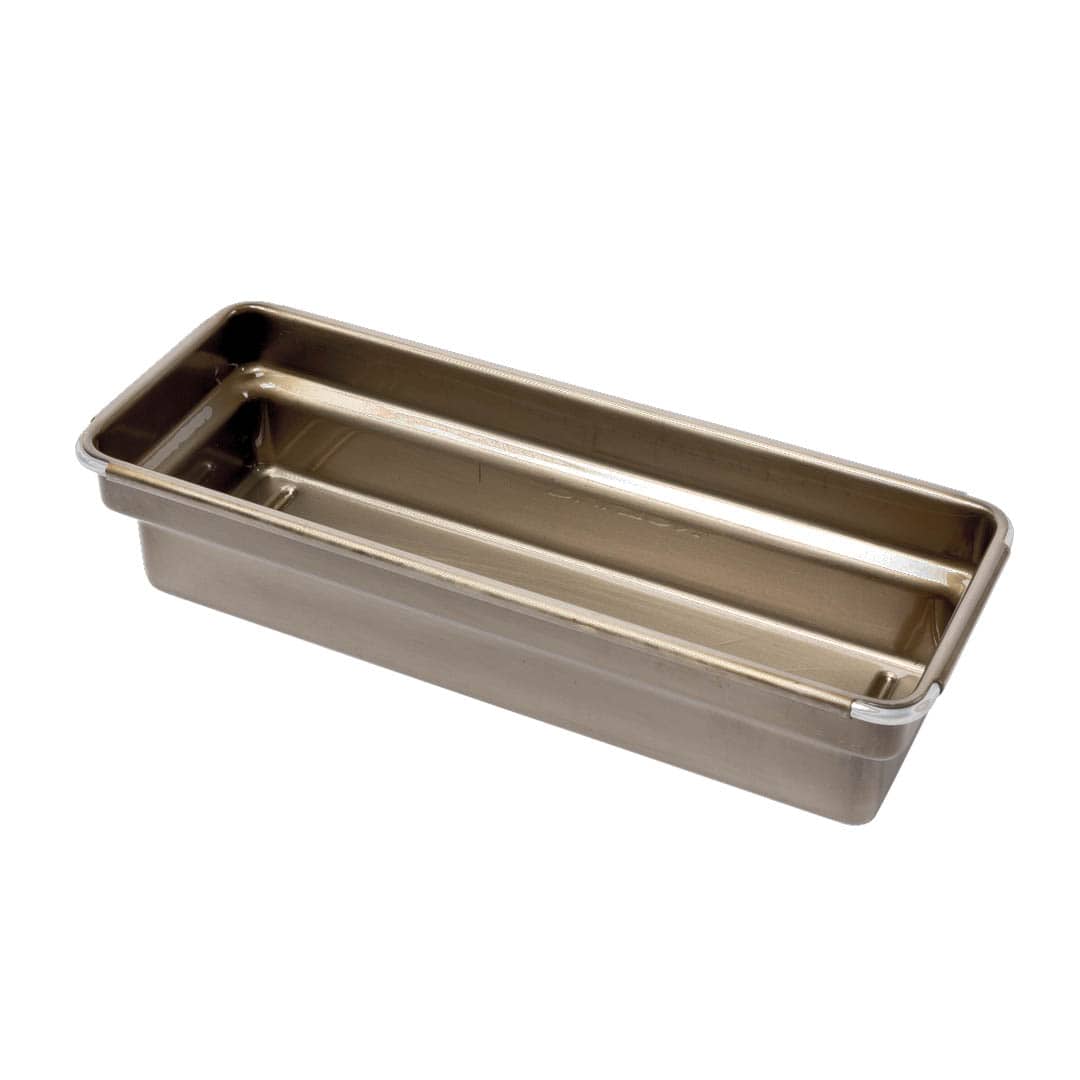 Stainless steel deep dish on a white background