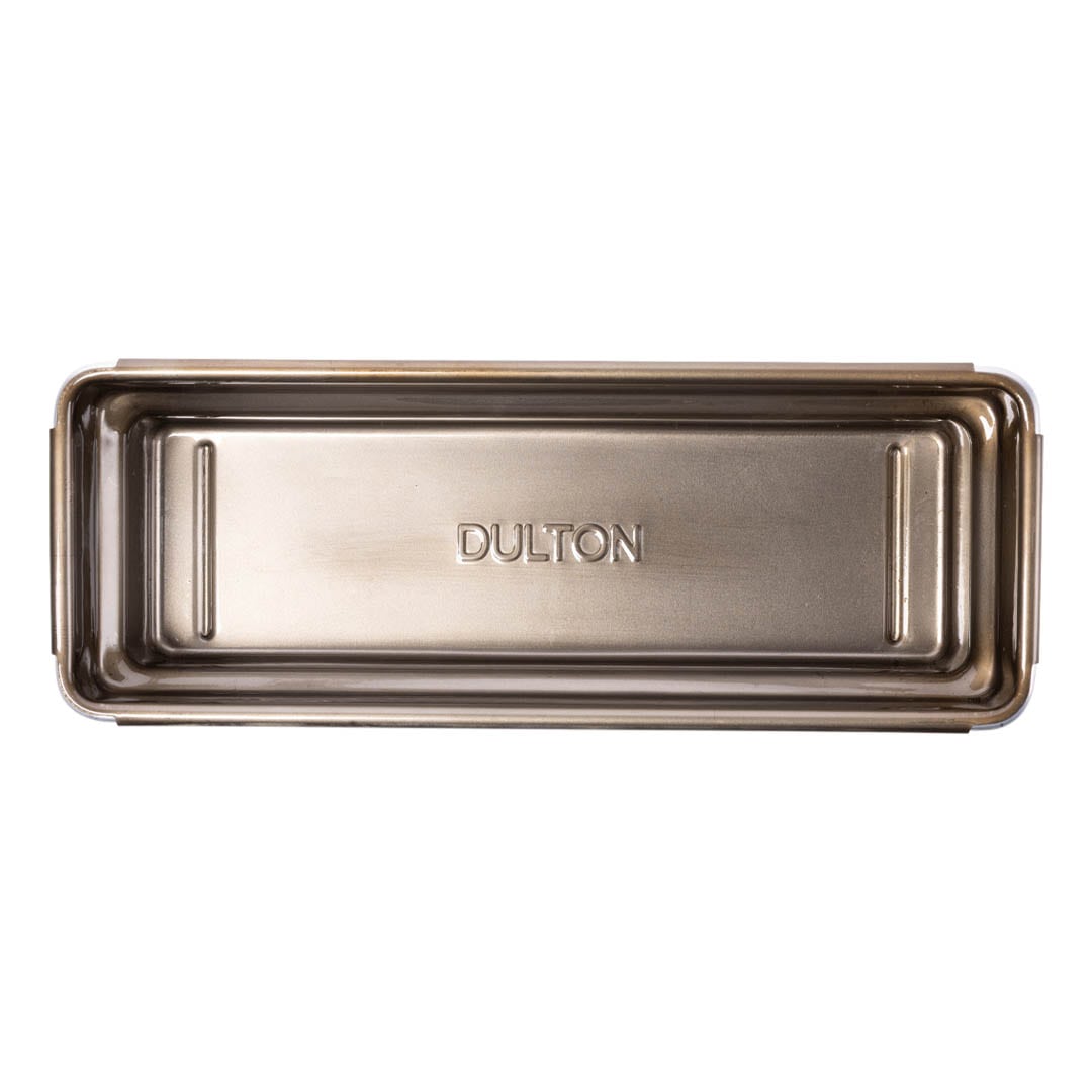 A rectangular stainless steel loaf pan with the brand name 'DULTON' embossed in the center, shown from a top-down view on a plain white background.
