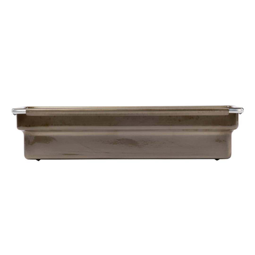 A rectangular metal baking pan with a brown metallic finish and silver metal corner guards, shown from a front-facing perspective on a solid white background.
