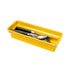 A bright yellow rectangular plastic utensil organizer tray containing black-handled utensils, shown on a plain white background.