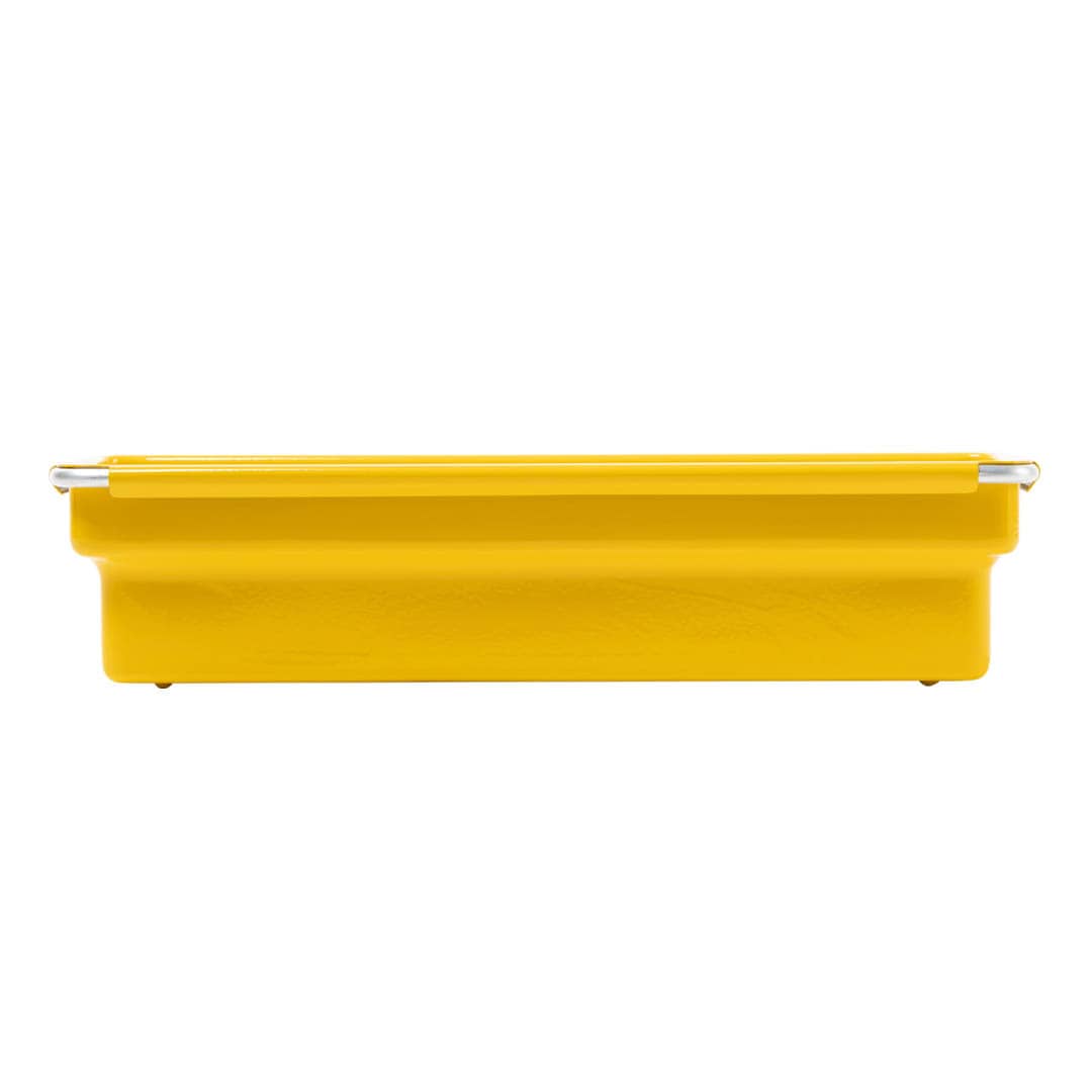 A bright yellow rectangular plastic container with a textured finish and silver metal end caps, shown against a plain white background.
