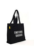 Black tote bag with 'EMOTIONAL BAGGAGE' text on a white background