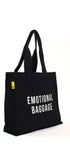 Black tote bag with 'EMOTIONAL BAGGAGE' text on a white background