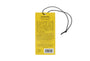 Yellow tag with text and a black cord on a white background