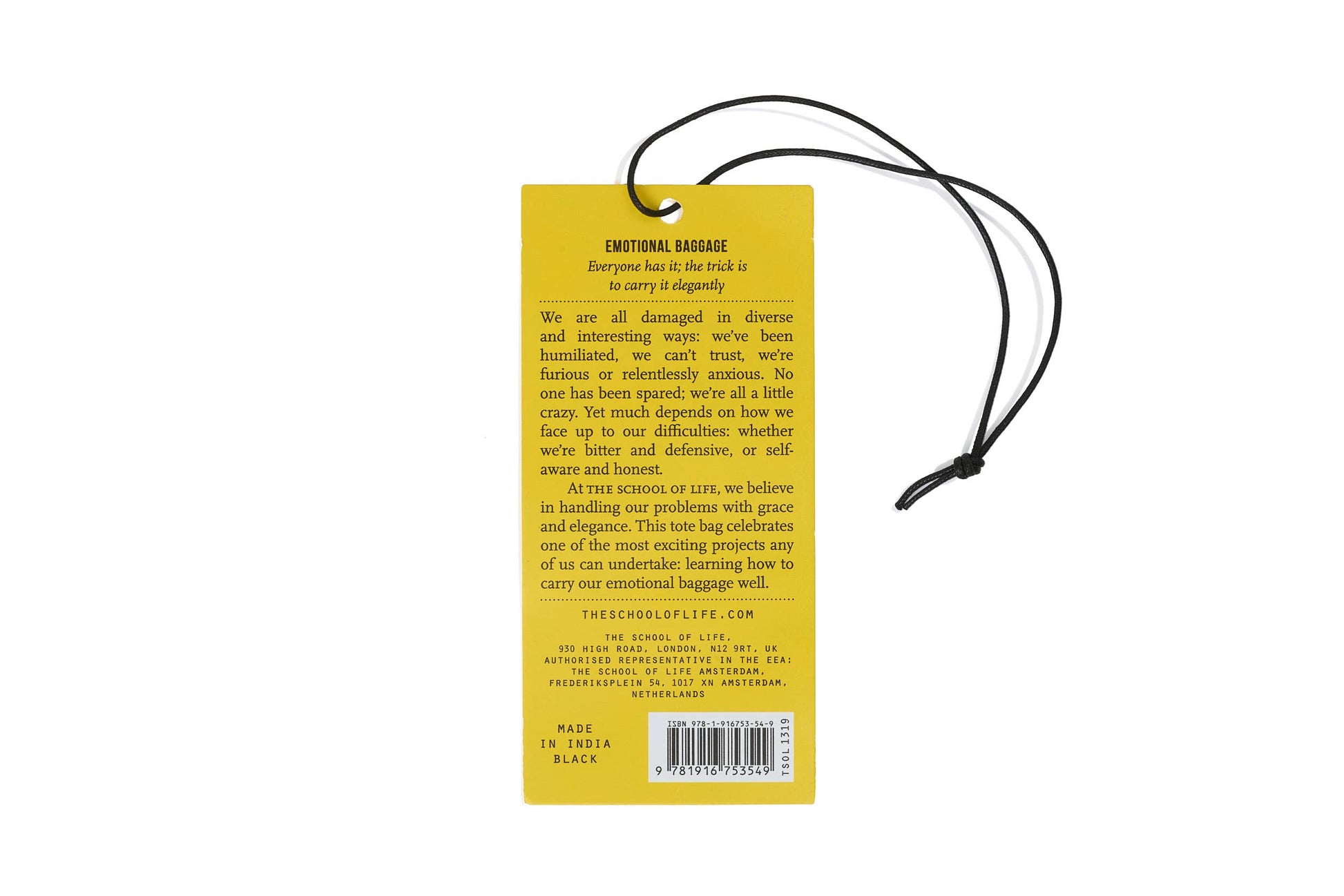 Yellow tag with text and a black cord on a white background