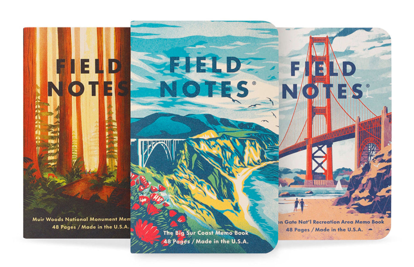 Three 'Field Notes' notebooks with different designs on a white background