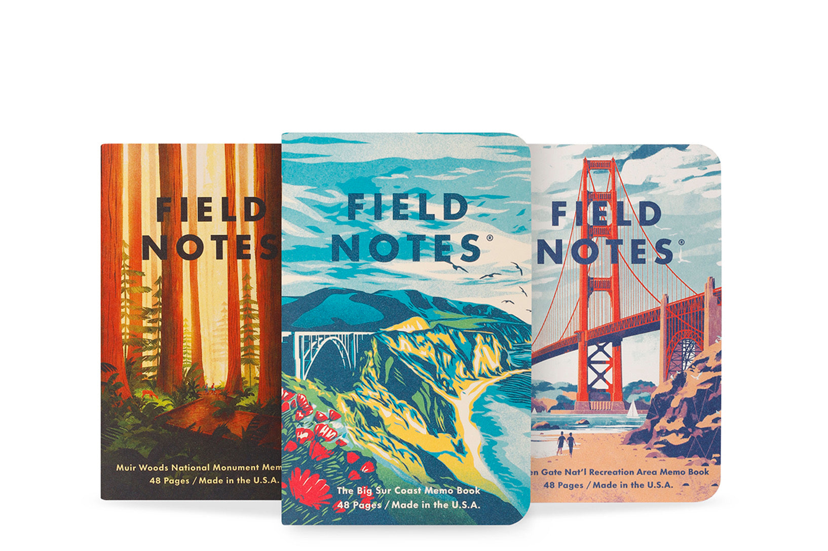 Three 'Field Notes' notebooks with different designs on a white background