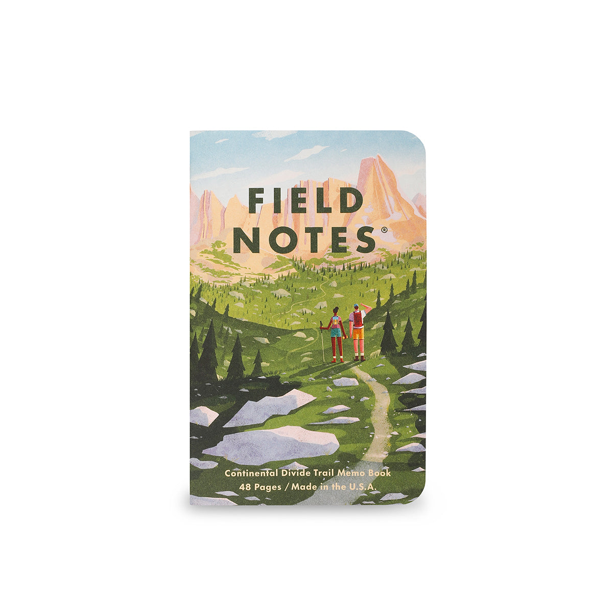 Field Notes notebook with illustration of two people hiking in a scenic landscape on a white background