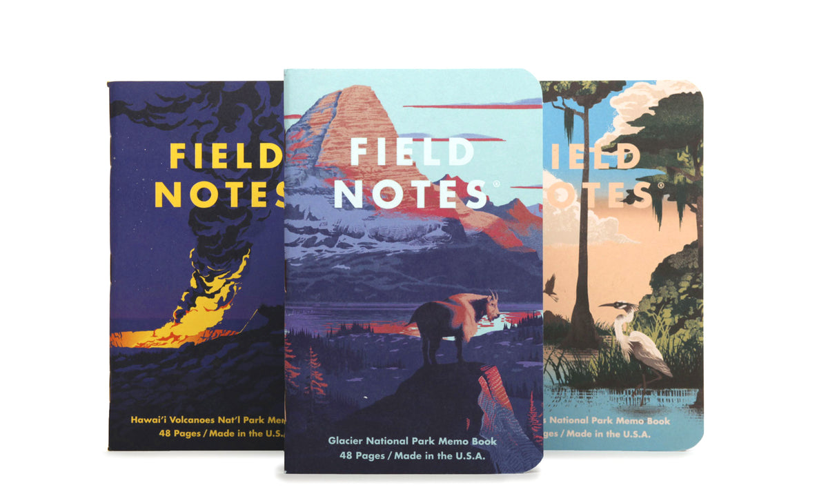 Three Field Notes notebooks with different designs on a white background