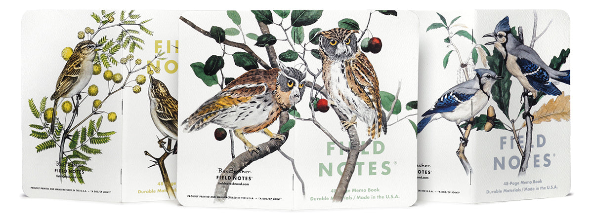 Set of four bird-themed field notebooks with illustrations on the covers.
