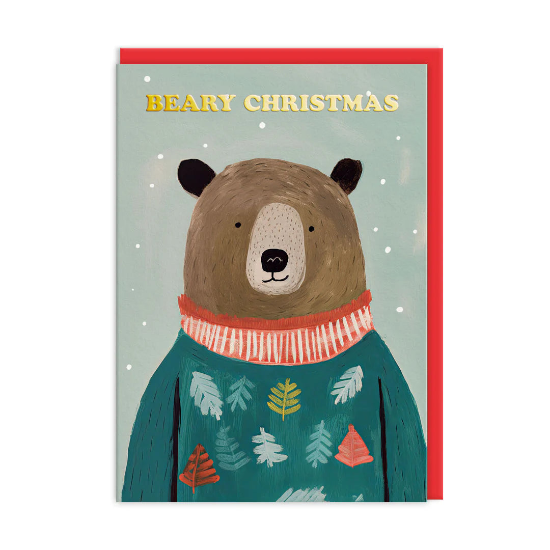 Christmas card with a bear illustration and 'BEARY CHRISTMAS' text on a light blue background.