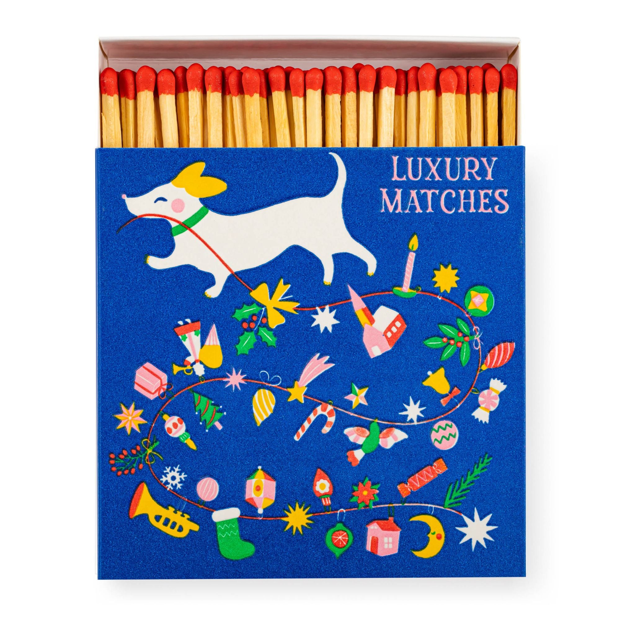 Matchbox with decorative design and 'Luxury Matches' text on a white background