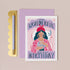 Birthday card with illustration of a woman and text 'I predict wonderful things on your birthday' on a beige background.