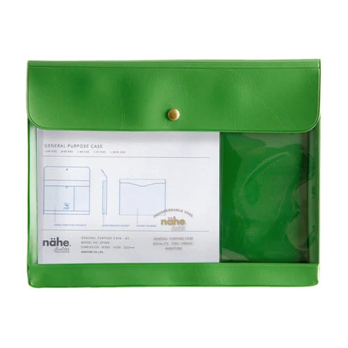 Green document holder with a clear front panel on a white background