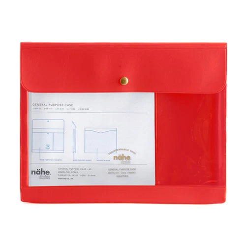 Red document holder with a label on a white background