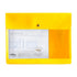 A bright yellow translucent plastic general purpose file folder with a snap button closure and a clear window displaying an instruction insert.