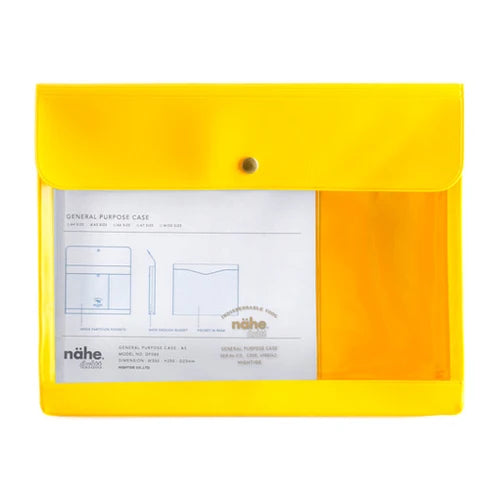 A bright yellow translucent plastic general purpose file folder with a snap button closure and a clear window displaying an instruction insert.