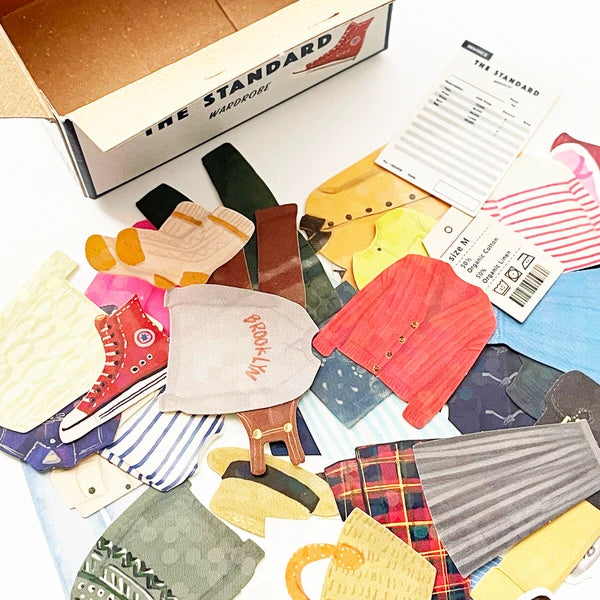 Collage of clothing samples with 'The Standard Wardrobe' box in the background