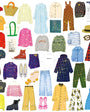 Collection of various clothing items and accessories on a white background