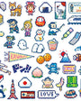 Collection of pixel art illustrations including cartoon characters, food items, and Japanese-themed icons.