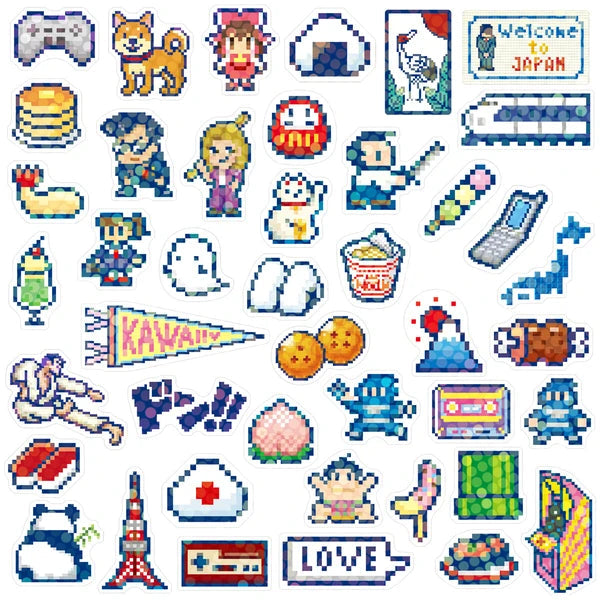 Collection of pixel art illustrations including cartoon characters, food items, and Japanese-themed icons.