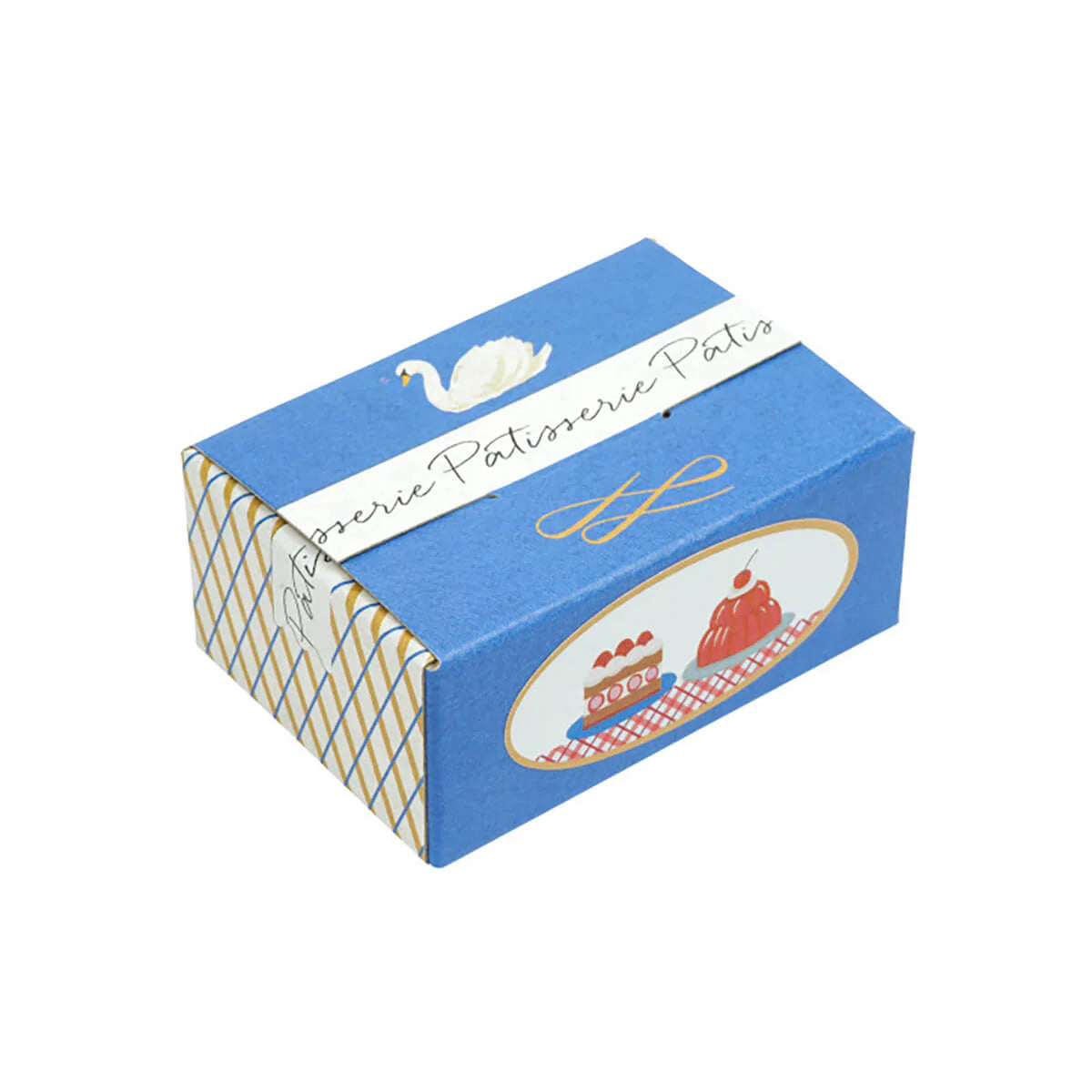 Blue box with 'Patisserie Patis' branding and a swan design on a white background