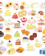 Collection of colorful illustrations of various desserts and pastries on a white background.