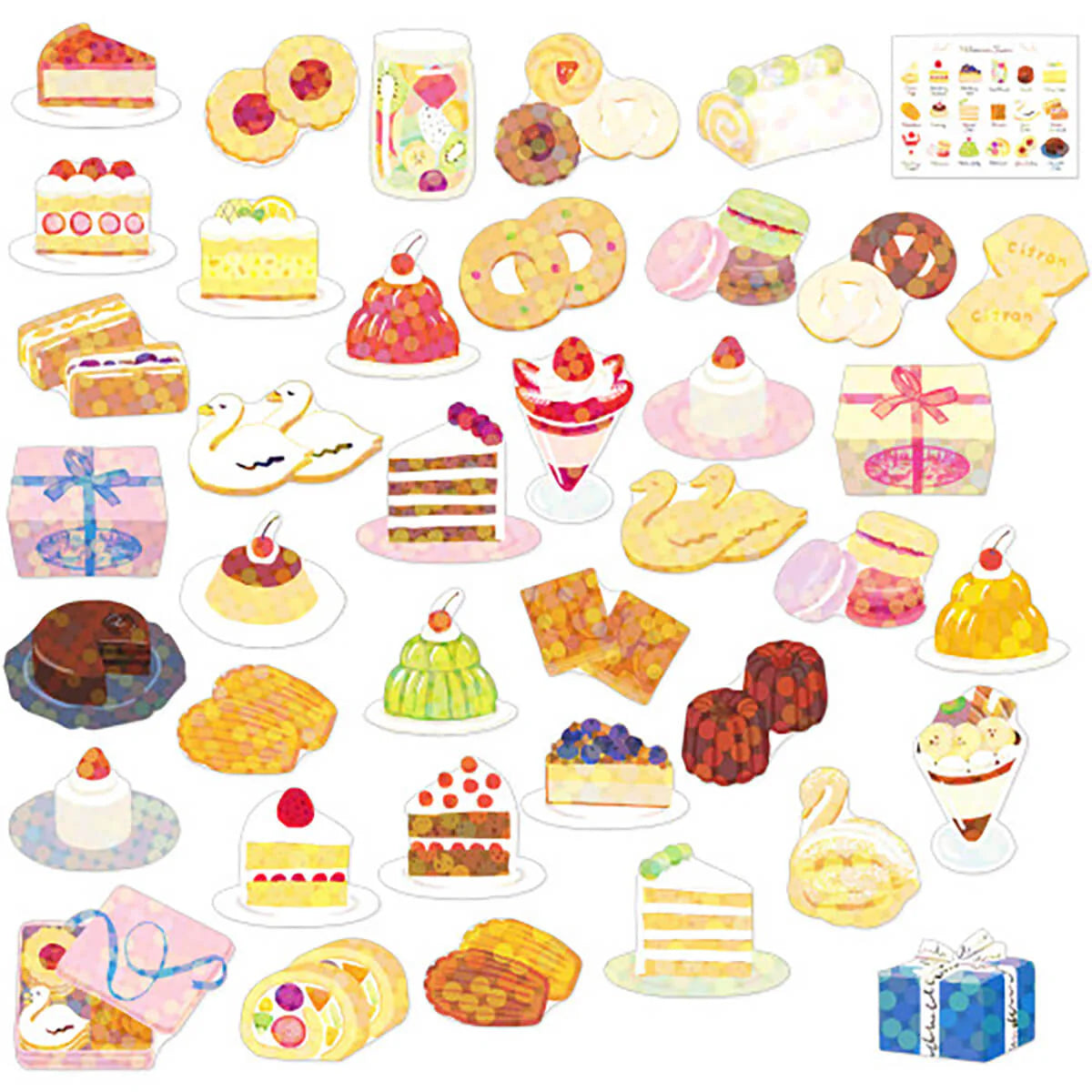 Collection of colorful illustrations of various desserts and pastries on a white background.