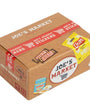 Cardboard box with 'Joe's Market' branding and product packaging on a white background