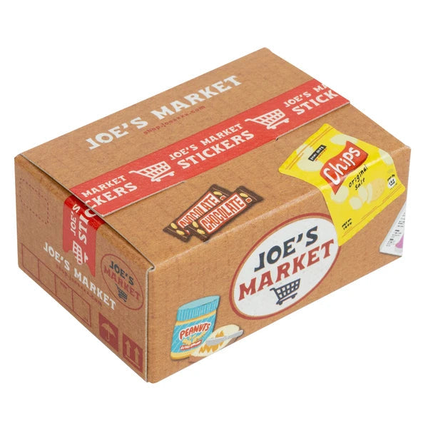 Cardboard box with 'Joe's Market' branding and product packaging on a white background