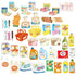 Collection of miniature grocery items including food packages, a basket, and cleaning products on a white background.