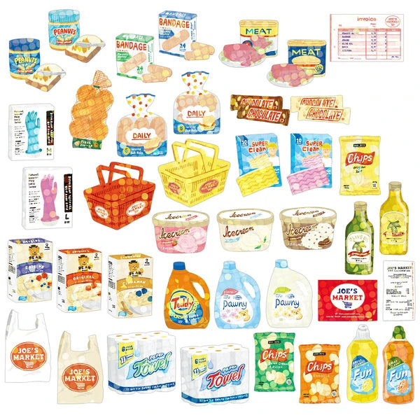 Collection of miniature grocery items including food packages, a basket, and cleaning products on a white background.