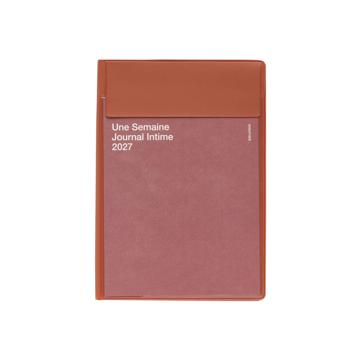 A weekly journal with a textured dusty rose cover and a contrasting terracotta-colored top band and binding edge. The cover features white text reading 'Une Semaine Journal Intime 2027'.