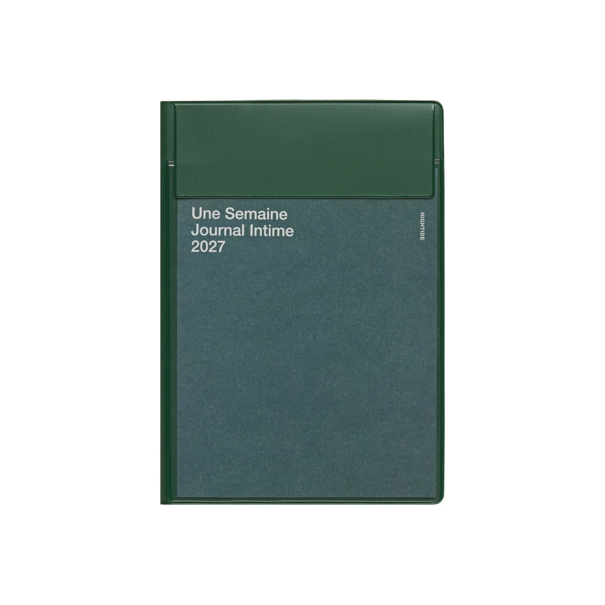 A dark green weekly journal with a textured cover, featuring a solid dark green top band and white text that reads 'Une Semaine Journal Intime 2027'.