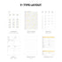A Y-type layout planner set shown on a white background under the heading 'Y-TYPE LAYOUT'. The set includes a calendar, year planner, monthly view, weekly view, memo & note page, and personal data page, all in a minimalist black, white, and yellow design.
