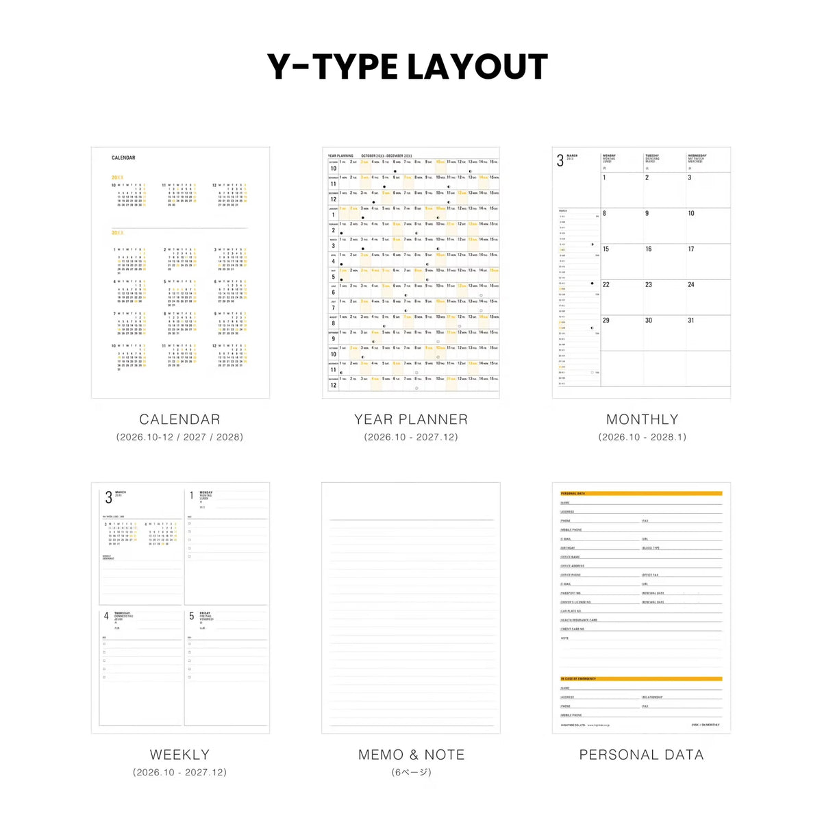 A Y-type layout planner set shown on a white background under the heading 'Y-TYPE LAYOUT'. The set includes a calendar, year planner, monthly view, weekly view, memo & note page, and personal data page, all in a minimalist black, white, and yellow design.